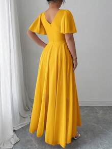 Elenzga Plus Size Women's V-Neck A-Line Chiffon Dress With Ruffle Sleeves, Simple Elegant And Romantic - Orange - View 2