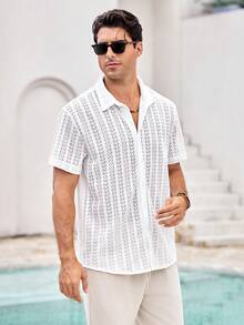 Mercer Haus Men's Jacquard Elastic Casual Shirt, Hollow Lattice, For Summer Vacation Beach Wear - White - View 6