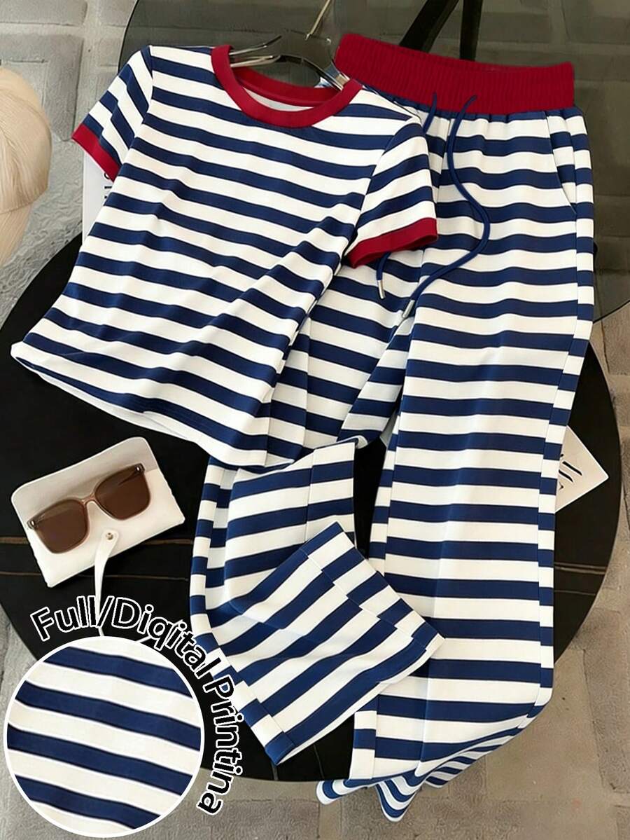 Regular Fit Crew Neck Short Sleeve T-Shirt + Straight Leg Pants With Slant Pockets - Multicolor - View 1