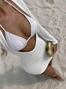 SHEIN Swim Áo che Nữ màu trơn - trắng - Xem 1