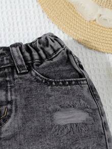 SHEIN Quần short denim rách thời trang, đa năng dành cho bé gái. - Xám - Xem 4