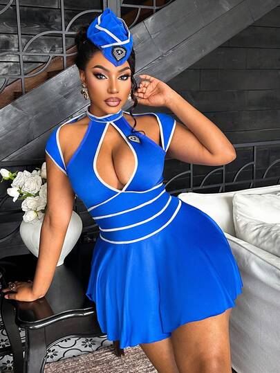 Fantasy Costume Bộ 2 món đồng phục tiếp viên hàng không/nữ nhân viên văn phòng, trang phục hầu gái LadyBoss, bộ đồ màu xanh quyến rũ phù hợp cho quán bar, tiệc tùng, đồ lót cỡ lớn.