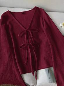 SHEIN CURVE+ 大码女式休闲系带喇叭袖上衣 - 酒紅色 - 查看 5