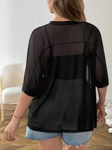 SHEIN LUNE Plus Size Women Summer Sexy Casual Vacation Sheer Mesh Blouse - Black and White - View 2