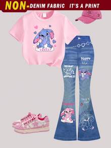 2pcs/Set Tween Girls Casual Fashionable Creative Personalized Fresh Minimalist Cartoon Rabbit Heart Star Letter Graphic Print T-Shirt And Flare Pants Outfit, Comfortable Daily Wear, Suitable For Spring, Summer, Autumn, Cozy Summer And Fall Styles, Fits Tween Girls Ages 8Y-12Y Lilo And Stitch Clothes Girls Teen Girl Pants Sets 11 Years Old Clothes For School Big T Shirt And Pants For Girl Flare Pants Set Kids Girls Jeans Sets - Multicolor - View 4