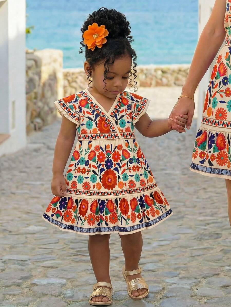 女婴波西米亚碎花连衣裙，夏季婴儿V领短袖幼儿度假风复古花朵公主裙 - 紅色 - 查看 1