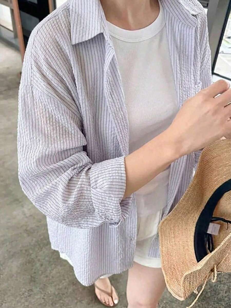 DAZY 女士条纹落肩长袖单排扣休闲衬衫 - 藍色 - 查看 1