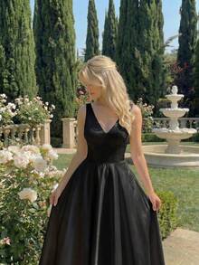 SHEIN MOD Satin White Pearl Chain Backless Mid-Length Dress,Dresses For Women Summer - Black - View 8