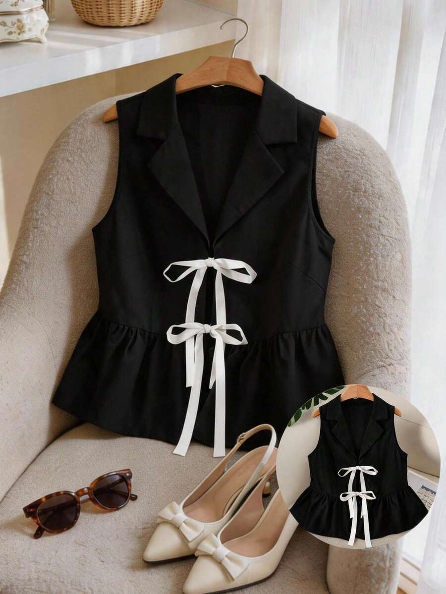 CosyJoli Áo vest/áo kiểu nữ cỡ lớn, kiểu dáng chấm bi, cổ ve áo xếp ly, thắt nơ phía trước, viền bèo nhún, thích hợp cho nữ, phong cách thường ngày hiện đại, công sở, hàng mới về, quần áo nữ, áo kiểu mới, áo vest đen dễ thương cho nữ. - Màu xanh lam - Xem 1