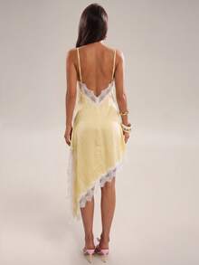 SHEIN BAE Women's Elegant Sexy Contrast Color Lace Patchwork Asymmetric Hem Backless Camisole Mini Dress, Summer Golf White - Yellow - View 4