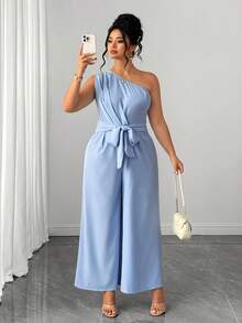 Elenzga Bộ jumpsuit nữ cỡ lớn cổ lệch, xếp ly, thắt eo, có túi, thoải mái cho các bữa tiệc. - Màu xanh lam - Xem 7