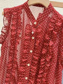 SHEIN Franclia Women's Black Polka Dot Chiffon Blouse, Elegant Romantic Ruffle Hem - Red - View 4
