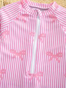 Baby Girl Cherry Print Contrast Ruffle Armhole Bow Back One-Piece Swimsuit, Beach/Holiday Style - Pink - View 1