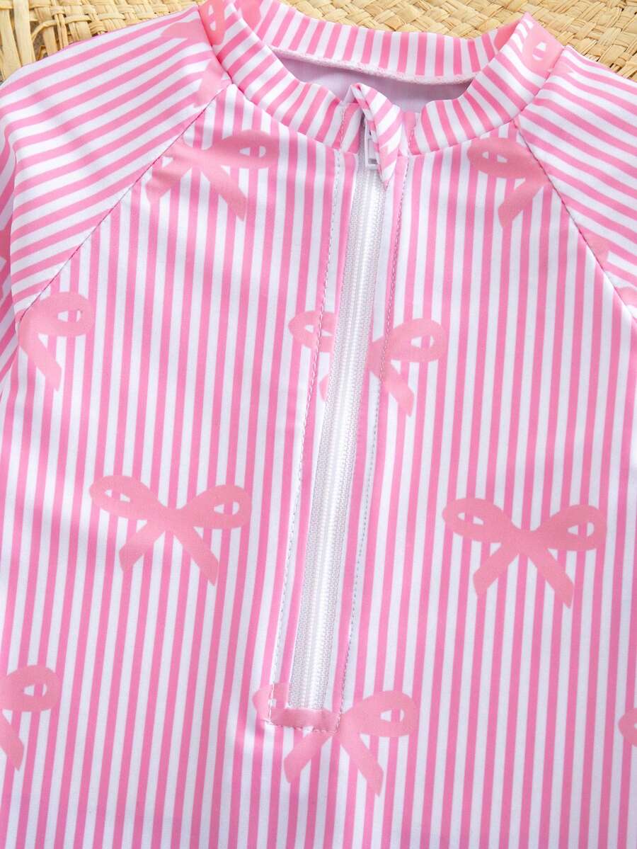 Baby Girl Cherry Print Contrast Ruffle Armhole Bow Back One-Piece Swimsuit, Beach/Holiday Style - Pink - View 1