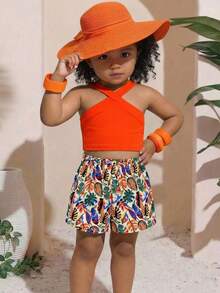 SHEIN 2pcs Baby Girl Knitted Solid Color Casual Top And Ditsy Floral Pants Set Toddler Two Pieces Tropical Outfit Vacation Clothes Orange Hawaiian Outfits - Hot Pink - View 5