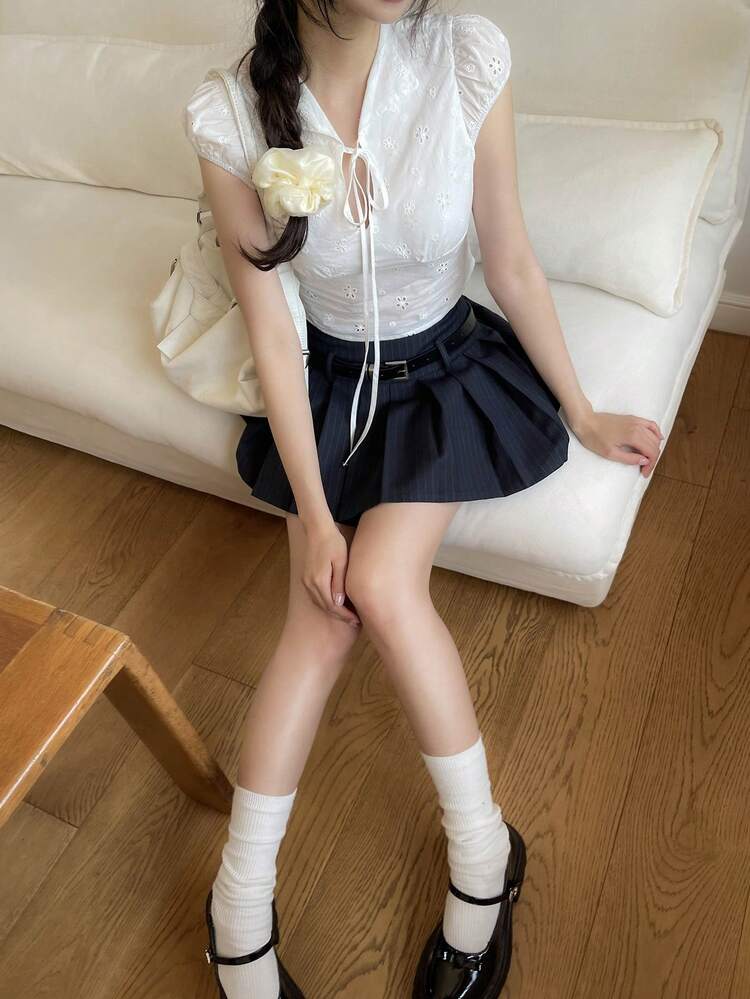 Women's Collared Tie Bow Short Sleeve Blouse, Spring/Summer