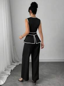 Modelyn Bộ jumpsuit không tay với đường viền tương phản và gấu áo bất đối xứng dành cho nữ. - màu đen - Xem 8