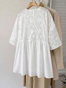 SHEIN CURVE+ Plus Size V-Neck Loose Dolman Sleeve Blouse With 3D Floral Decor, Summer - White - View 3