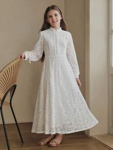 Anewsta Vestido de encaje de manga larga para niñas, vestido blanco largo para primavera/verano, ropa infantil - Blanco - Ver 1