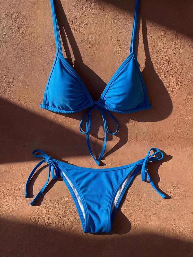 Women's Summer Beach Solid Color Halter Tie Sexy Bikini And Triangle Panty Swimsuit Set