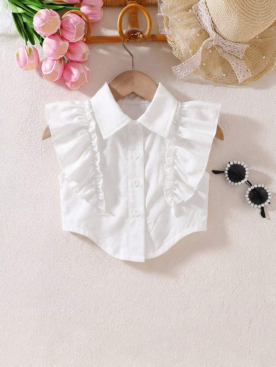 女嬰夏季荷葉邊裝飾鈕扣開襟襯衫 - 白色 - 查看 1