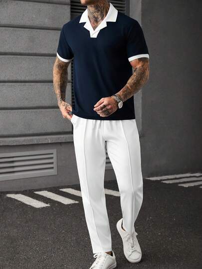 Manfinity CasualCool Bộ áo polo tay ngắn phối màu thường ngày dành cho nam và quần dài, thích hợp cho mùa hè.