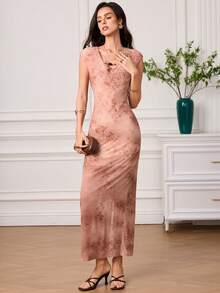 EastFlair New Chinese Style Pink Flocked Dress - Dusty Pink - View 4
