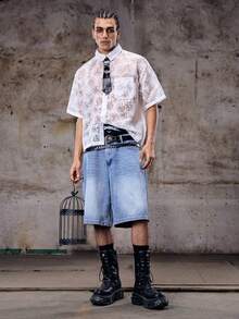 Skyrend Men's Casual Street Style Blue Denim Printed Shorts - Light Wash - View 3
