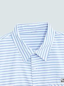 Men's Striped Single-Breasted Casual Versatile Daily Wear Short Sleeve Shirt - Blue and White - View 4