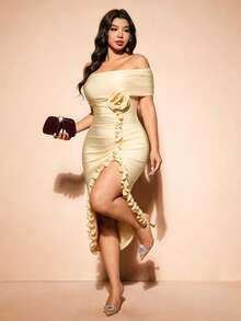Cravure Plus Size Women's New Elegant Party Burgundy Romantic 3D Rose Off-Shoulder Ruffle Hem Slit Waist Formal Maxi Dress - Apricot - View 4