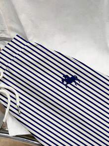 Manfinity Joysei 2pcs/Set Men's Casual Horse Rider Silhouette Print Short Sleeve T-Shirt And Striped Shorts, Fitted Shoulder Design, Suitable As Gift For Boyfriend - White - View 4