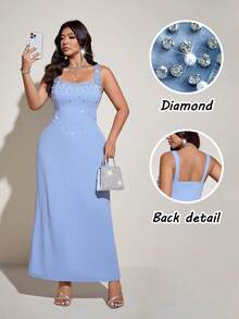 Viva Relle Vestido de cuello cuadrado con cuentas azul claro de estilo socialite de lujo para mujer talla grande. Adecuado para bodas románticas, fiestas formales, atuendos del Día de San Valentín, eventos de alfombra roja, carnaval suave y ocasiones apropiadas: Moda de estilo socialite de lujo, ropa de mujer talla grande con estilo minimalista. - Neblina azul - Ver 1