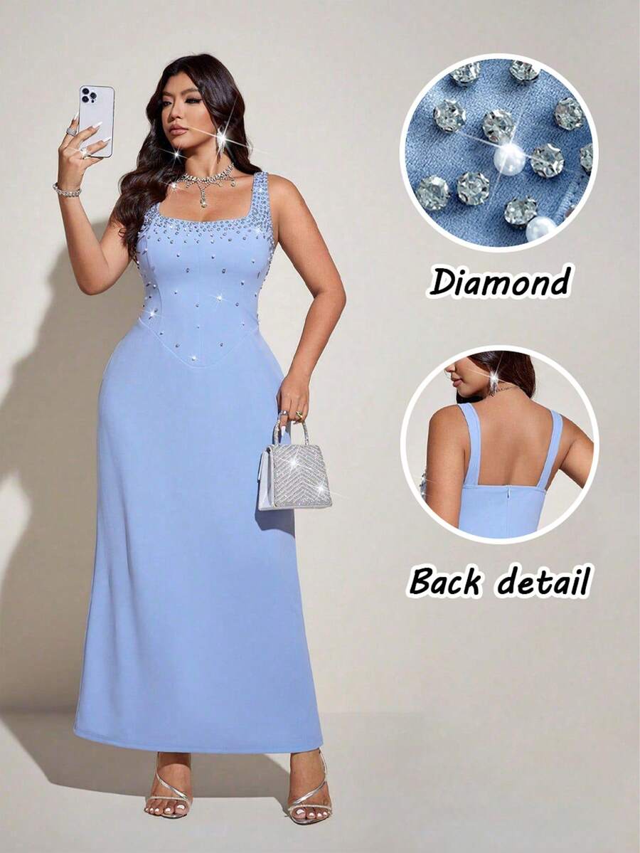 Viva Relle Vestido de cuello cuadrado con cuentas azul claro de estilo socialite de lujo para mujer talla grande. Adecuado para bodas románticas, fiestas formales, atuendos del Día de San Valentín, eventos de alfombra roja, carnaval suave y ocasiones apropiadas: Moda de estilo socialite de lujo, ropa de mujer talla grande con estilo minimalista. - Neblina azul - Ver 1
