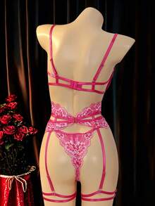 SHEIN 女士镂空花朵蕾丝性感内衣套装 - 玫紅色 - 查看 2