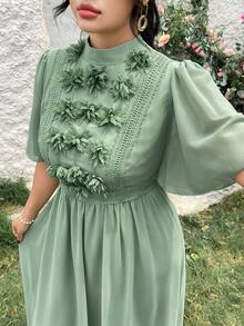Modelyn Đầm maxi thanh lịch, lãng mạn, tay bồng bằng vải chiffon màu xanh lá cây, họa tiết hoa, dành cho phụ nữ cỡ lớn. - màu xanh lá - Xem 4