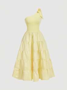SHEIN MOD Plus Size Women's Elegant Maxi One-Shoulder Butter Yellow Summer Dress, Wedding Guest Vacation Dress, Cottagecore Pale Spring/Summer Tea Party Outfits - Yellow - View 6