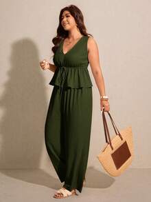 Elaquor Plus Size Summer Casual Solid Color V-Neck Tie-Waist Tank Top And Pants 2-Piece Set - Army Green - View 4