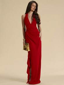 SHEIN BAE Vestido de Dama de Honor Primavera Verano, Escote en V Profundo con Halter, Volantes, Abertura Alta, Envolvente con Volantes, Largo Rojo para Mujeres, Elegante Maxi para Fiesta, Cena y Cita - Rojo - Ver 3