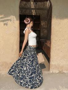 SHEIN Frenchy Chân váy chữ A in họa tiết toàn thân, đa năng, thoải mái dành cho nữ, thích hợp cho hẹn hò và đi chơi. - Xanh và trắng - Xem 5