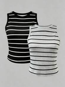 Resyla Conjunto de 2 piezas de top de tirantes a rayas blancas y negras para mujer - Multicolor - Ver 3