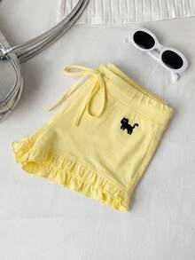 Comfortcana Women's Summer Cat Print Ruffle Hem Tie-Front Shorts, Pale Yellow - Pale Yellow - View 3
