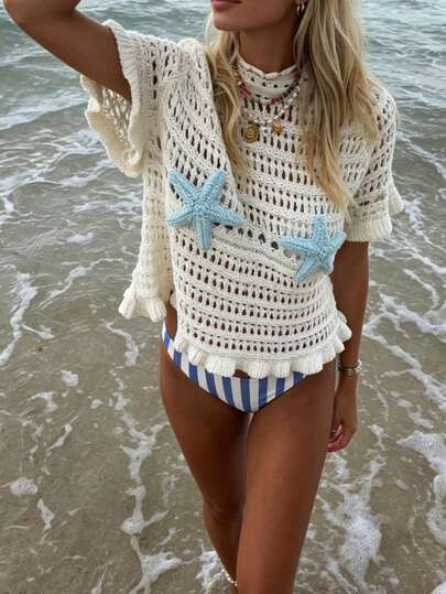 Selamara Women's Vacation Beach Starfish Decor Hollow Knit Blouse