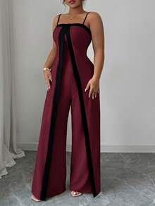 Elenzga Plus Size Contrast Color Casual Jumpsuit Straight Leg Long Pants For Women - Burgundy - View 6