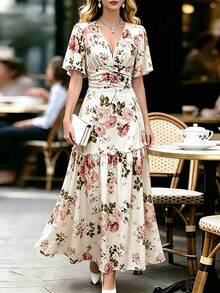 SHEIN Franclia Đầm ngắn cổ chữ V in họa tiết thanh lịch dành cho nữ, có viền bèo nhún và tay áo bèo nhún, thích hợp cho mùa xuân, hè và thu. - Màu be - Xem 1