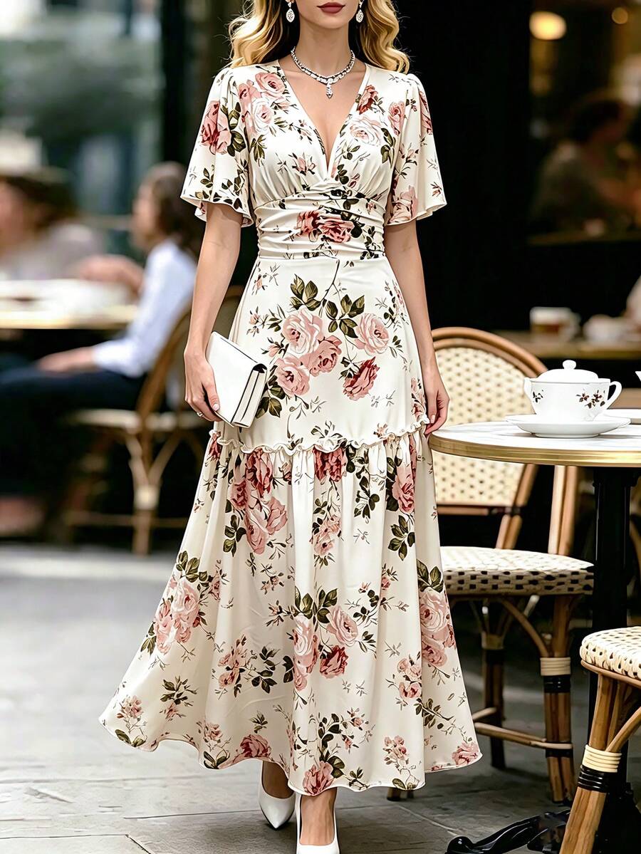 SHEIN Franclia Đầm ngắn cổ chữ V in họa tiết thanh lịch dành cho nữ, có viền bèo nhún và tay áo bèo nhún, thích hợp cho mùa xuân, hè và thu. - Màu be - Xem 1