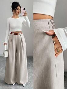 SHEIN Elenzya Women's Casual Everyday Office Commute Minimalist Solid Color Pleated Loose Wide Leg Pants, Belt Not Included - Grey - View 1