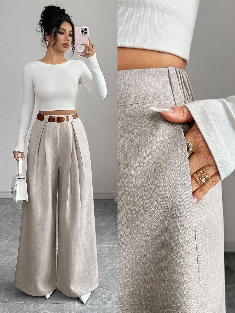 SHEIN Elenzya Women's Casual Everyday Office Commute Minimalist Solid Color Pleated Loose Wide Leg Pants, Belt Not Included - Grey - View 1