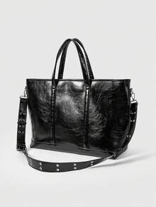 ROMWE Grunge Punk Tas Tote Kulit Unisex Motif Silang, Tas Bahu, Tas Tote, Tas Selempang - Hitam - View 5