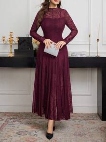 Modelyn Elegant High-End Black Lace Flowy Dress, Spring/Summer - Red Violet - View 5