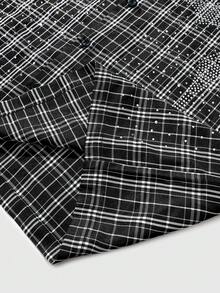 ROMWE MEN Men's Sparkling Rhinestone Cross Plaid Print Short Sleeve Shirt - Black - View 7